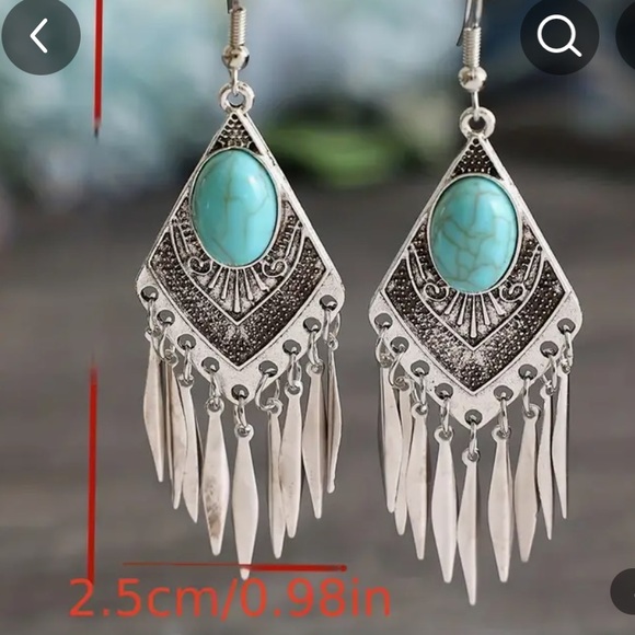 TURQUOISE Silver Navajo Feather Drop Boho Earrings - Picture 4 of 4